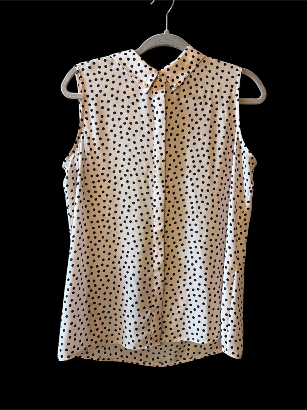Sleeveless Light Pink Polka Dot Button-Front Blouse Pearl button details
